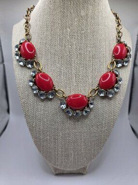 Stella & Dot Red Statement Necklace With Clear Crystal Accents & Gold-Tone Chain